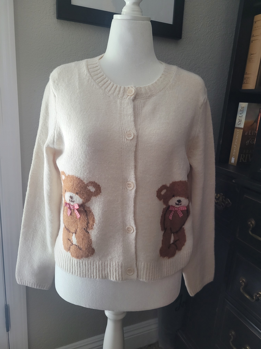 Jessica Simpson Cream Cardigan with Brown Teddy Bear Motifs